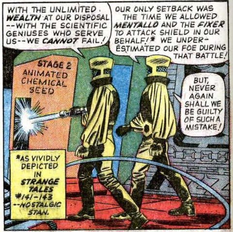 A Marvel comic panel where a character says, "Our only setback was the time we allowed Mentallo and the Fixer to attack SHIELD in our behalf!"