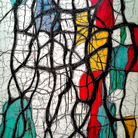 This artwork presents a dynamic interplay of black, tangled lines reminiscent of a web or a network of roots, layered over bold, geometric shapes filled with vibrant primary colors like red, yellow, blue, and green. The stark contrast between the chaotic black lines and the structured, colorful segments underneath creates a compelling tension, suggesting themes of containment, fragmentation, or hidden order within disorder. The translucent effect of the colors adds depth, almost as if the shapes are emerging from behind a barrier of complexity. The black lines dominate the foreground, lending an organic, raw energy to the piece, while the colorful shapes provide a sense of balance and optimism, as though life and light persist amidst the chaos. This abstract composition invites interpretations related to connectivity, struggle, or the coexistence of chaos and harmony.