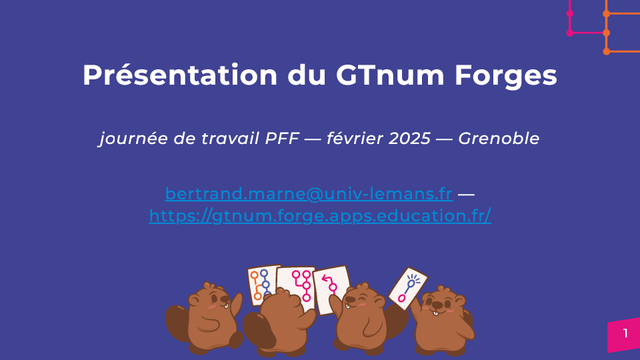Diapo d’ouverture de la présentation : 

# Présentation du GTnum Forges

*journée de travail PFF — février 2025 — Grenoble*

bertrand.marne@univ-lemans.fr — <https://gtnum.forge.apps.education.fr/>

+ image montrant plusieurs Komit collaborant autour de commits d’une forge