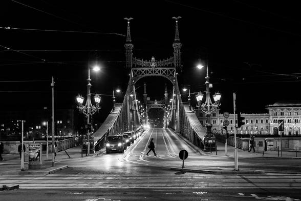 This black-and-white photograph captures Budapest’s Liberty Bridge (Szabadság híd) at night, illuminated by streetlights that highlight its intricate ironwork and architectural elegance. The perspective leads the eye down the center of the bridge, creating a strong sense of depth. The atmosphere is cinematic, with a lone pedestrian crossing the street in the foreground, adding a dynamic human element to the scene. The interplay of lights and shadows enhances the contrast, emphasizing the bridge’s details and the surrounding historic buildings. The tram tracks and overhead wires add to the urban character of the composition.
Check my Budapest Photography Workshops...lin ks in Bio!


#Budapest #Hungary #LibertyBridge #SzabadsagHid #StreetPhotography #BWPhotography #Monochrome #NightPhotography #UrbanPhotography #CityLights #HungaryTravel #ArchitectureLovers #Leica #Photography