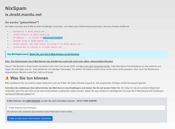 Screenshot of helper website for nixspam