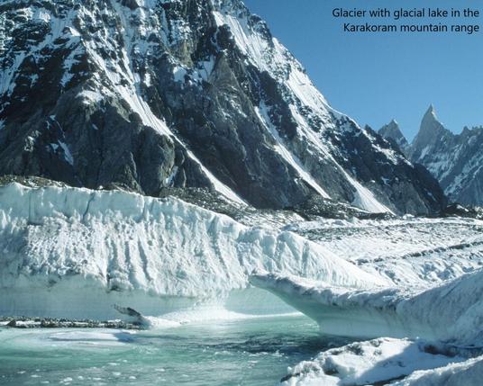 phot - glacier with glacial lake, Karakoram mountain range