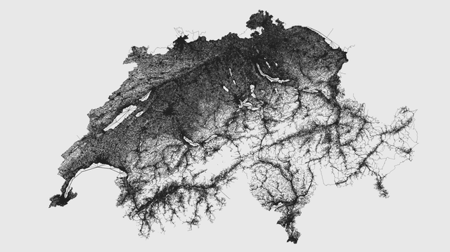 Map of switzerland soley based on rodes and public transportation. While the background is grey, the thin lines are in black. Altough the cartographic information is minimal, it the countries shapes is clearly recognizable.