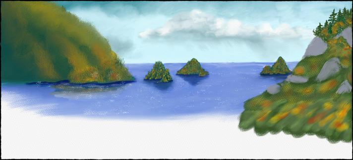 Digital painting of the ocean with one big island to the left, three little ones in the middle and a cliff on the right that's partially rendered. The trees on the islands and cliff are in autumn colors. Overhead in the distance are very nicely rendered clouds with sheets of rain coming down from them. The foreground is blank.