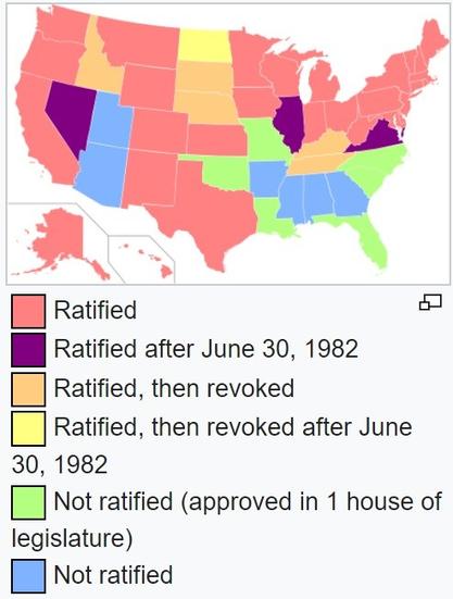 Map of the U.S., showing which states have and have not ratified the Equal Rights Amendment.