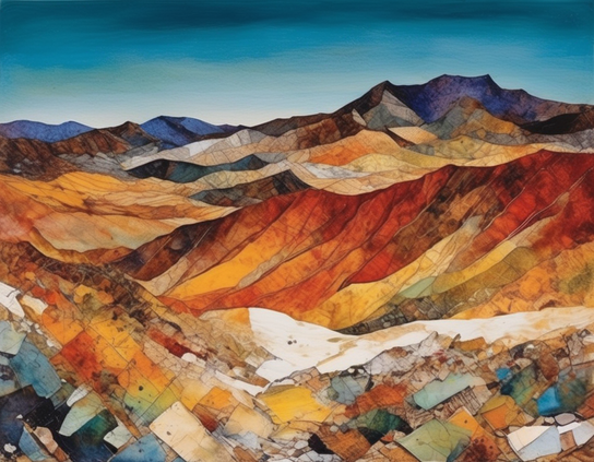 Abstract mountain landscape with patched and layered red, orange, yellow, and blue tones under a pale blue sky.