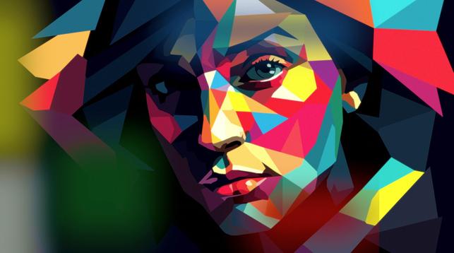 A bright portrait of a beautiful girl, assembled from multi-colored geometric figures, as if woven from confetti. Contrasting planes and broken lines create a dynamic image, where the play of light and shadow emphasizes facial features. The WPAP style turns a realistic image into an abstract mosaic, where each element is like a flash of color.