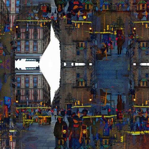 Barcelona digital edited layered/mirrored triple exposure raw street photography, made with the GNU Image Manipulation Program and Gwenview.