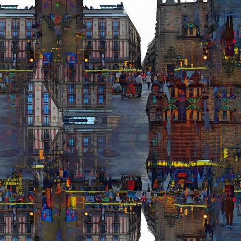 Barcelona digital edited layered/mirrored triple exposure raw street photography, made with the GNU Image Manipulation Program and Gwenview.