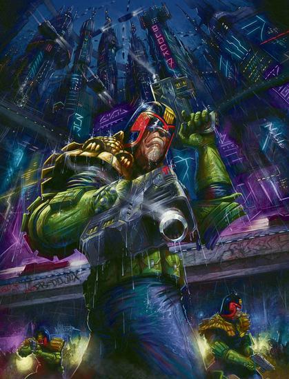 Cover art to Judge Dredd Megazine #479, depicting the future lawman from a low perspective, looking up at him as he points his gun down, the towering Mega City blocks soaring up behind him