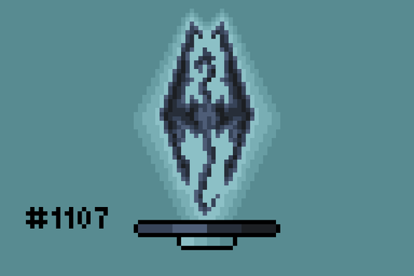 Pixel art interpretation of the Skyrim logo: a dragon inscribed in a tall diamond shape.