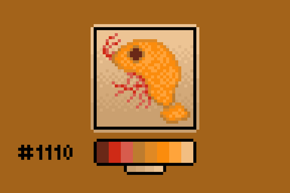 Pixel art of a shrimp-shaped cat toy, textured to look like orange crochet with some red strings as antenna/legs.