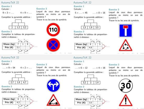 Exercices de mathématiques niveau 6e incluant des multiplications, pyramides additives, proportionnalité et reconnaissance d'axes de symétrie sur des panneaux de signalisation.