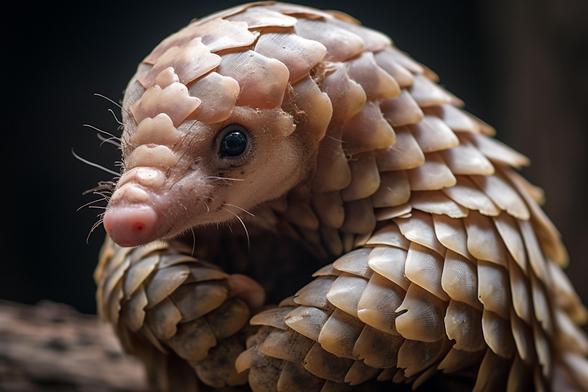 Cute baby pangolin photo. A pangolin is a mammal that's covered in hard scales. It eats ants and termites. It has a VERY long tongue that resembles an anteater's.