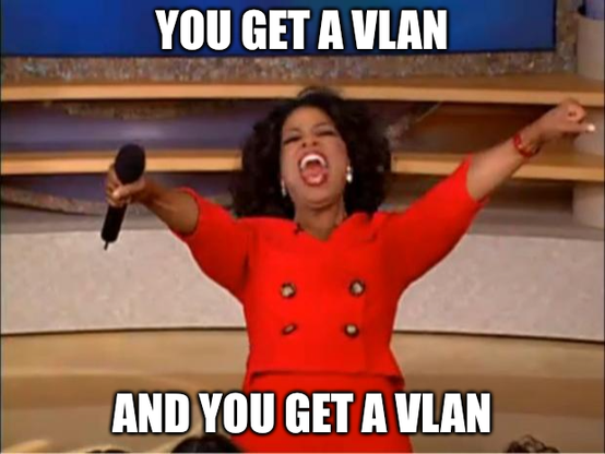 Oprah meme with the text you get a VLAN and you get a VLAN.