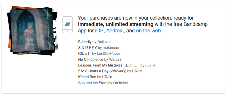 A screenshot of my Bandcamp Friday purchases:

Butterfly by Deijuvhs

S.N.U.F.F.Y by metaroom

RIDE IT by Lust$ickPuppy

No Condolence by Waryaa

Lessons From My Mistakes…But I L... by (Liv).e

5 to 8 Hours a Day (WWwaG) by L'Rain

Knead Bee by L'Rain

Sun and the Stars by Orchidae