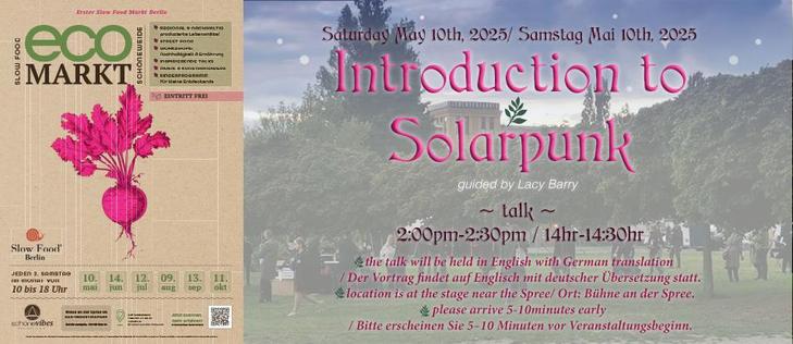Flyer for Ecomarket held in Berlin at AEG Industerie park on May 10th, 2025, at 2pm. Pink letters on brown, green and blue backdrops. Find all the info on this flyer in the eventbrite link located in this post. See you there! :D