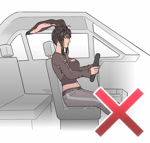 Drawing of a Viera from Final Fantasy XIV Online in a car. She is wearing the Leisurewear Attire (a torn crop top and sweat pants.) Her big rabbit ears are hitting the ceiling of the car, and there's a giant red cross in the picture.