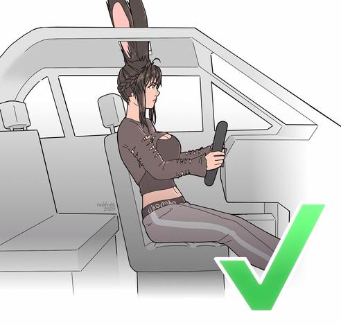 Drawing of a Viera from Final Fantasy XIV Online in a car. She is wearing the Leisurewear Attire (a torn crop top and sweat pants.) Her big rabbit ears are going through a small opening in the ceiling, and there's a giant green checkmark in the picture.