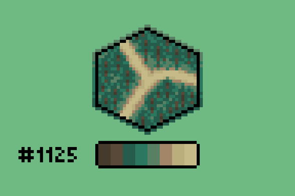 Pixel art of a hex tile showing a pine forest, with a dirt path branching off to three sides of the hex.