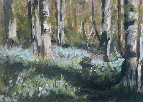 Painting of birch trees in a dim forest with highlights of blue flowers on the floor lit in patchy sunlight