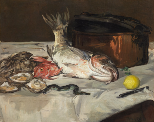 A Realist still life. On a tabletop covered with a white cloth, we see a large fish (a mullet) with its tail lifted. Next to it are a pile of oysters, a single red gurnet, and small eel, all on the viewer's left. To the right is a single lemon, what appears to be a small knife, and behind the fish, a large copper kettle that doubtless will be used to poach or braise what we see on the table.