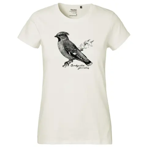 damenshirt mit einem Seidenschwanz-siebdruck. shirtfarbe ist natural