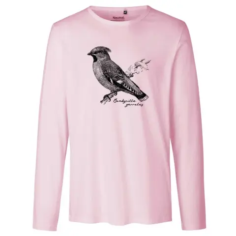 Langarmshirt in der farbe light pink; darauf ein schwarzer vogel-siebdruck (seidenschwanz)