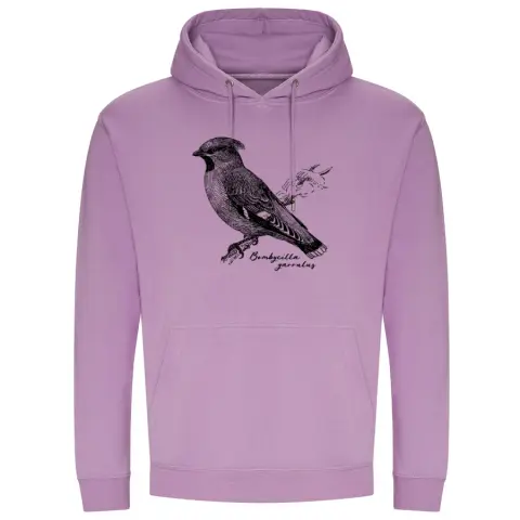 lavender hoodie, with bird screen print of a bohemian waxwing (bombycilla garrulus)