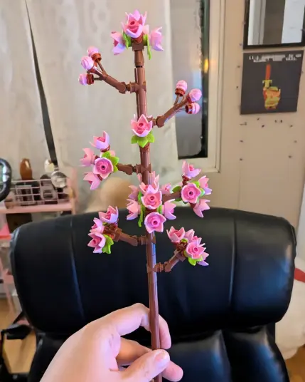 Image shows pink Lego cherry blossoms.