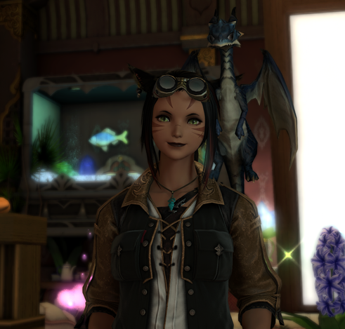 My main FFXIV Miqo'te in her apartment / flat. Behind her is a wall-mounted fish tank and various flowers in the room. The curled up fox is sadly a plushy, not a real curled-up fox.

The dragonet is a constant companion and is very opinionated. Not a plushy.

(If you're being nit-picky it's a "wind up" one, but I head-canoned RP with a real one after the Dragonsong War).