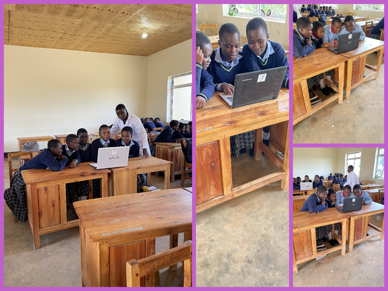 Collage aus 4 Fotos. Alle zeigen aus verschiedenen Blickwinkeln einen Klassenraum mit Holztischen. In der Mitte des Raum stehen 3 Laptops auf zusammen gestellten Tischen. Davor sitzen jeweils ca. 6 Schüler vor einem aufgeklappten Laptop und bekommen etwas von einem Lehrer erklärt.
