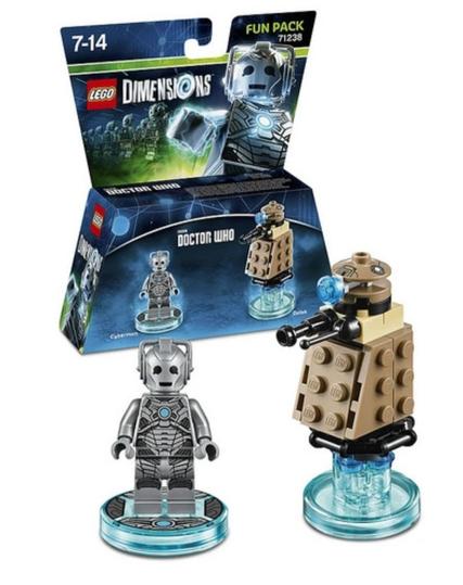 Lego Dimensions Cyberman Fun Pack 71238, featuring an 11th/12th Doctor era Cyberman minifigure and a Dalek (somewhat different in build from the Daleks featured in the Tardis set)