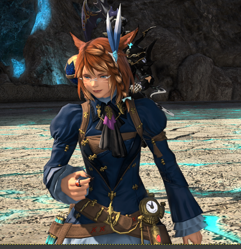 The FFXIV Warrior of Light after a vision and feeling a tad worse for it, but coming round. Behind her stands Estinien,a tall guy with a big pointy stick (a lance he wants dragons to "taste". Don't ask).

But you can't see his legs, so the picture looks like he's clinging onto your back or something.