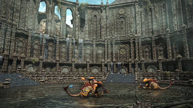 This large circular stone ruin has several mostly-intact arches, but no roof. And it almost looks real.

A few orange dragons wander around in the shallow puddles of water inside the ruin.
