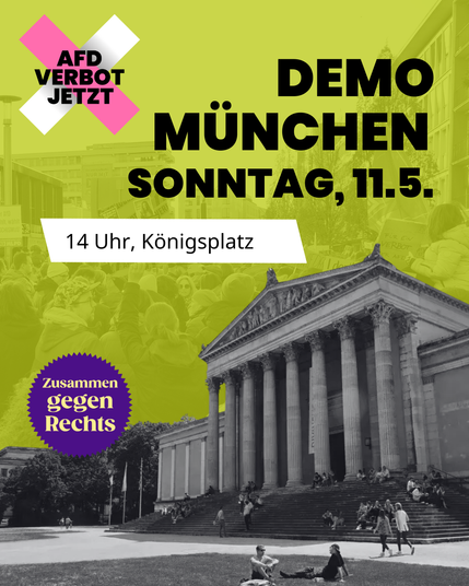 Das SharePic hat den Text:
Demo München
Sonntag, 11.5.
14 Uhr, Königsplatz
Der Text steht über einem schwarz-weiß Foto von der Glyptothek.