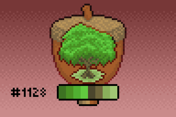 Pixel art of a green leafy oak tree superimposed over an acorn.