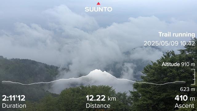 Looking across a valley between the trees with low hanging clouds and other peaks peaking out through the clouds. I'm guessing the views would be amazing if it was a clear day, but then there wouldn't be the excitment. With my running stats imprinted on top.