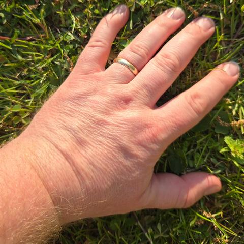 Photograph of a white person's left hand with a golden ring on his ring finger touching grass on the ground.