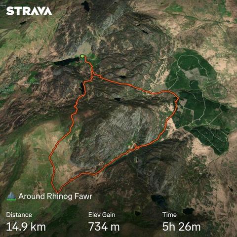 Strava map: a triangular route around a mountain (Rhinog Fawr). Distance 14.9 km, elevation gain 734 m, time 5h 26m.