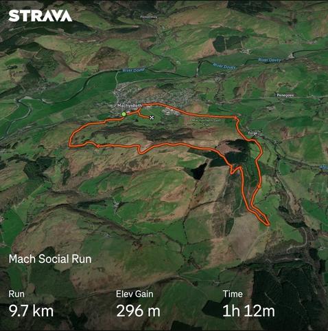 Strava map of a meandering route in hilly terrain labelled "Mach Social Run". Distance 9.7 km, elevation gain 296 m, time 1h 12m.