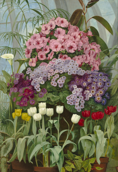 A Realist painting, depicting the interior of a greenhouse, focusing mostly on a grouping of flowers, including tulips and lilies.