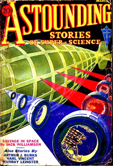 A ship resembling a contemporary airship constructed of multiple green panels is passing across the image: shooting out from its side are multiple coloured beams which are propelling or perhaps retracting metallic circular structures, one of which can be seen to have figures in space suits inside.
Astounding Stories magazine cover from 1933.
