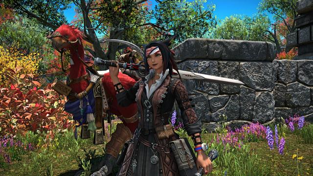 My FFXIV Miqo'te resting one of her swords across her back and the other held relaxed down by her side. Her red Chocobo is near her and the blue Dragonet's doing his own thing.