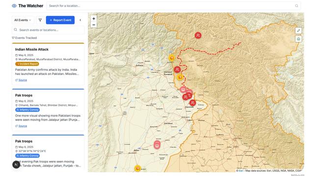 A site with a large map titled "The Watcher" appears to show details of geolocated events in the unfolding India-Pakistan conflict. The events are marked on the map, to the right, with details of each event on the left with a search box and filter function above, and a button inviting visitors to report an event.