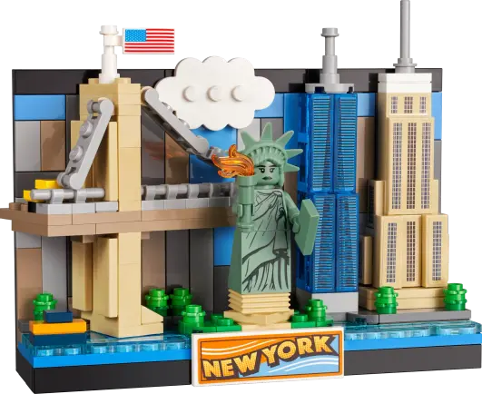 A picture from the lego site of the New York City postcard. It contains what I *think* are a ferry, the Brooklyn bridge, the statue of liberty (and a cloud above her head that has three studs that go dot dot dot), the new world trade center, and the empire state building. I have never been to New York and could be wrong.
