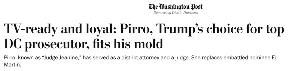 TV-ready and loyal: Pirro, Trump’s choice for top DC prosecutor, fits his mold
Pirro, known as “Judge Jeanine,” has served as a district attorney and a judge. She replaces embattled nominee Ed Martin.