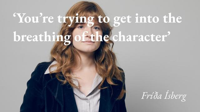A portrait of the writer Fríða Ísberg, with a quote from her podcast interview: 'You're trying to get into the breathing of the character'