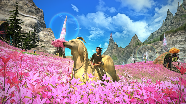 My FF14 Miqo'te sat on the back of a huge, golden long-haired dog (called Argos - no relation to the retail chain). They're in a field full of bright pink flowers while the bright blue sky is only interrupted slightly by fluffy clouds.