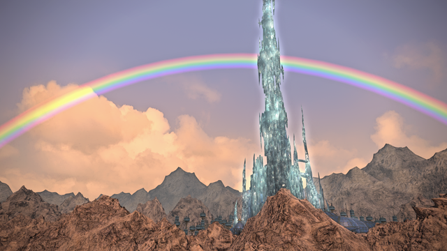 The Crystal Tower of FFXIV, on the First, with a rainbows stretching from one side of the picture to the other behind it.
